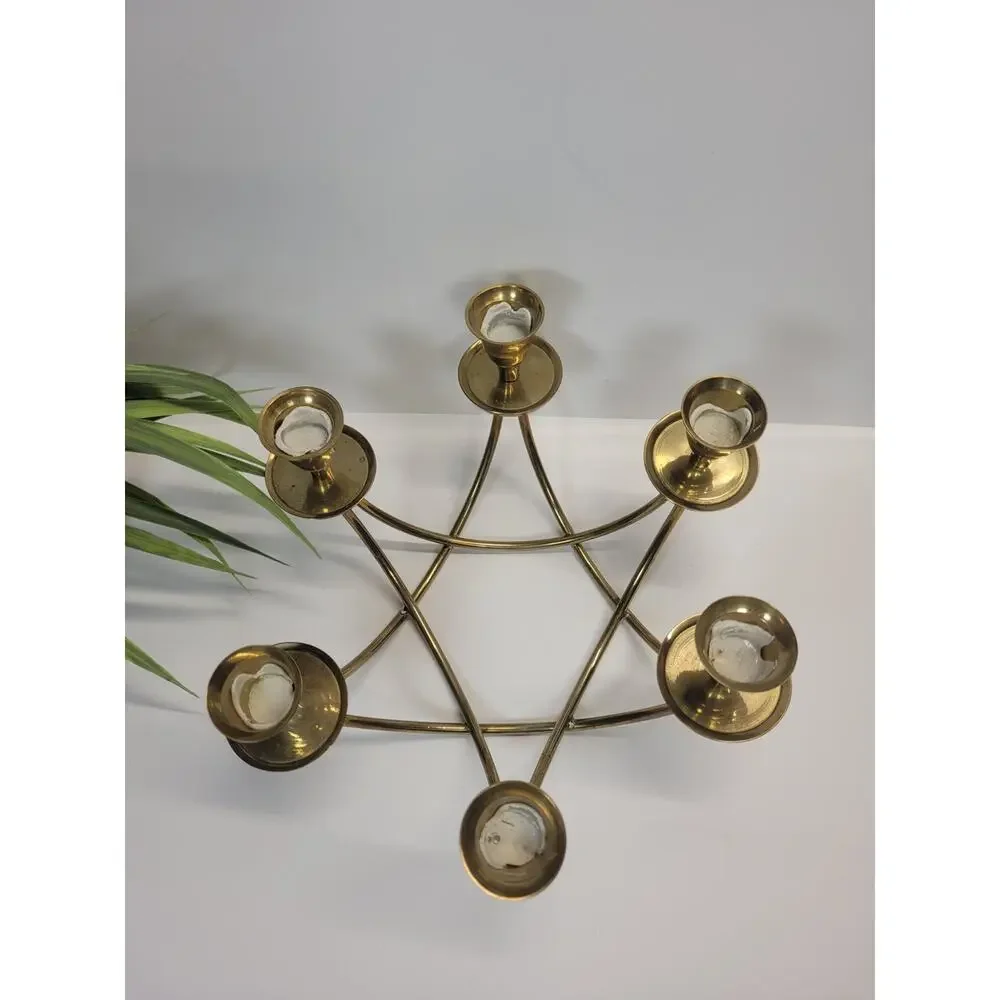 Vintage Brass 6 Arm Star Candelabra Mid Century Candle Holder 1 Missing Bobeche